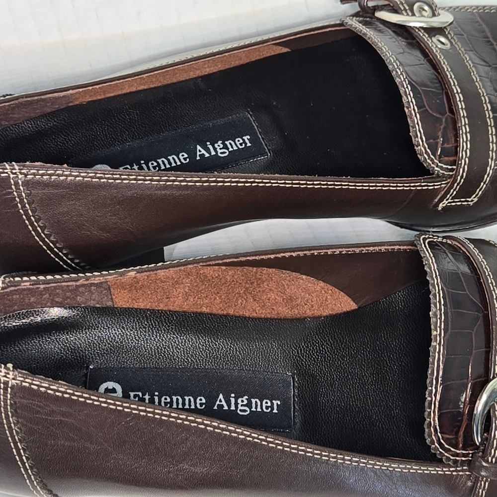 Etienne Aigner Jules Dark Brown Leather Croc Embossed Buckle Loafers 6M - Picture 3 of 10